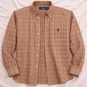Vintage Ralph Lauren Shirt BLAKE Beige Brown Plaid Long Sleeve Cotton soft L